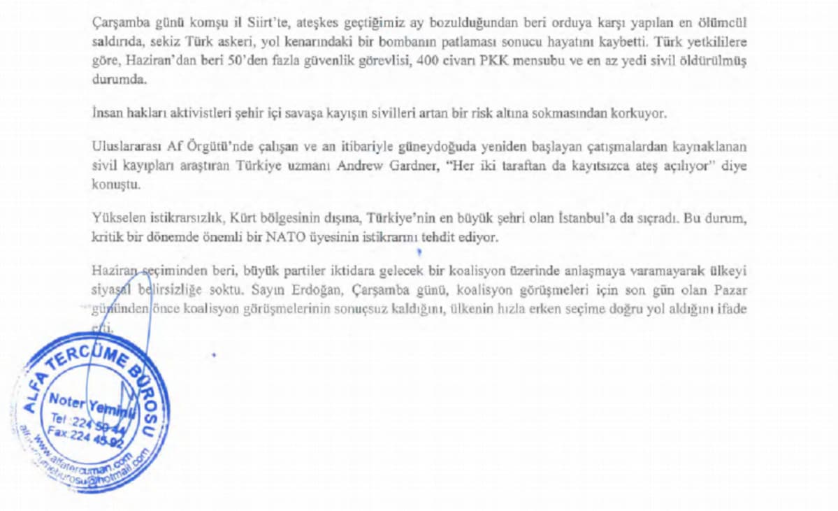 Turkiksi käännetty versio Ayla Albayrakin jutusta, josta hän sai tuomion.