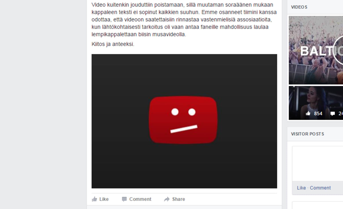 Artisti Sanni ilmoitti videonsa poistamisesta virallsiella Facebook-sivullaan 16. elokuuta.