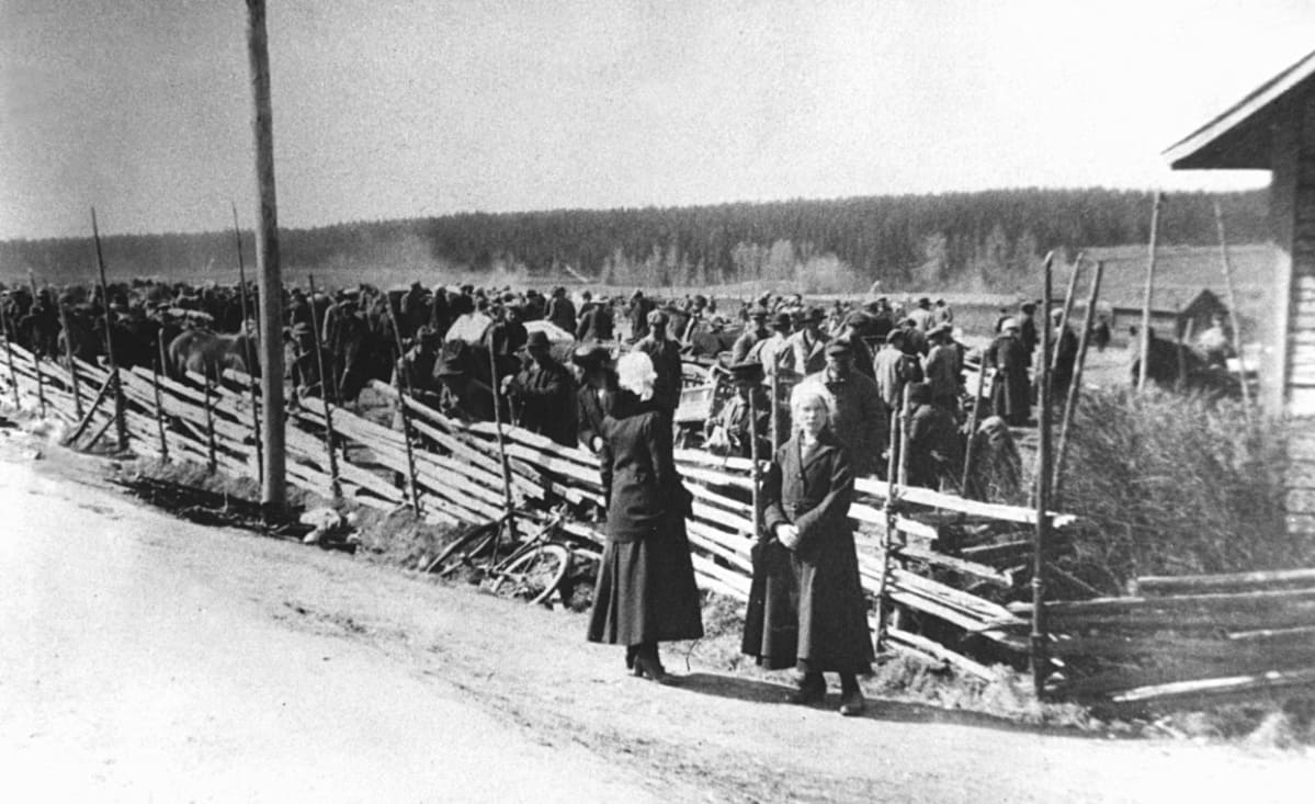 Kansalaissota. Suomen sisällissota. Vankileirit. Hennalan punavankileiri (Hennalan vankileiri) Fellmanin pellolla Vesijärven rannalla Lahdessa. Punaisia vankeja.