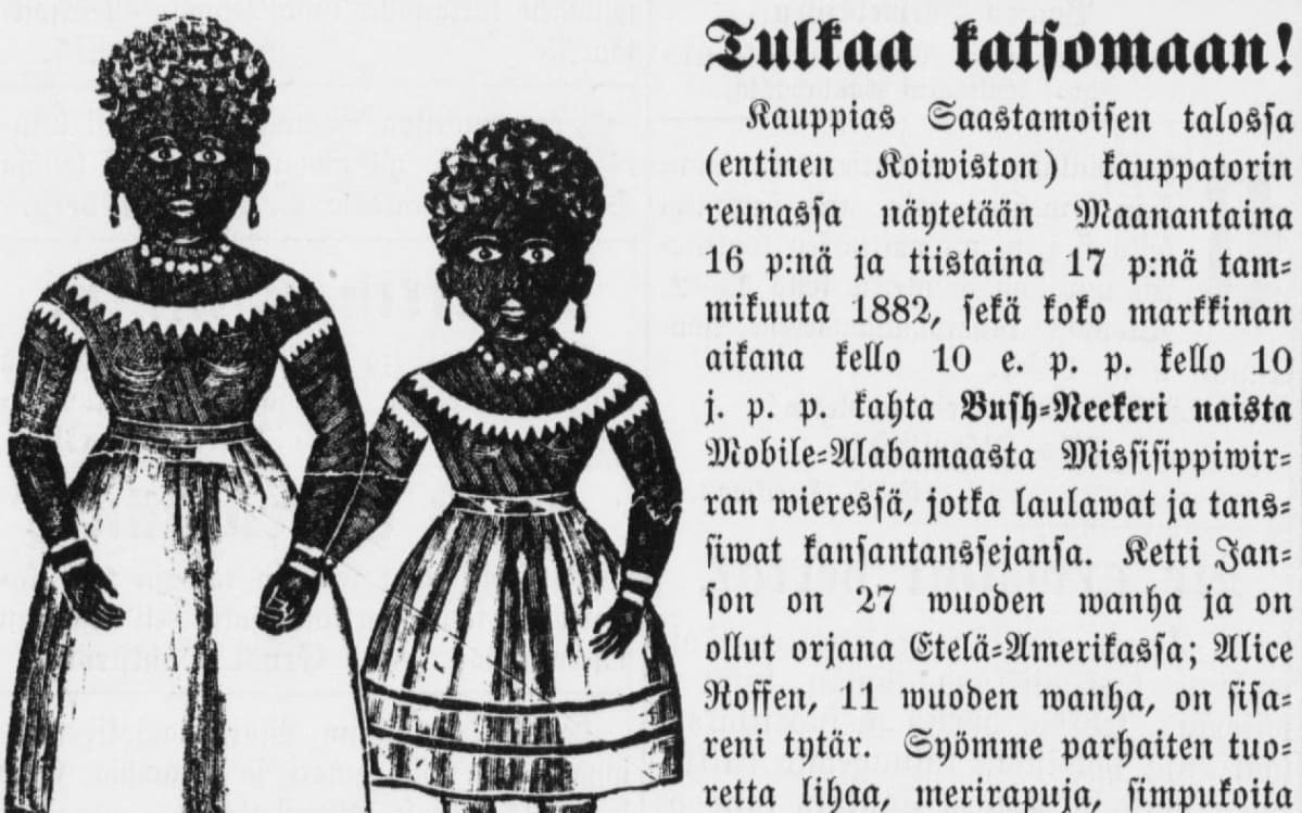 Lehti-ilmoitus näytöksestä, jossa esiintyjinä oli kaksi tummaihoista naista.