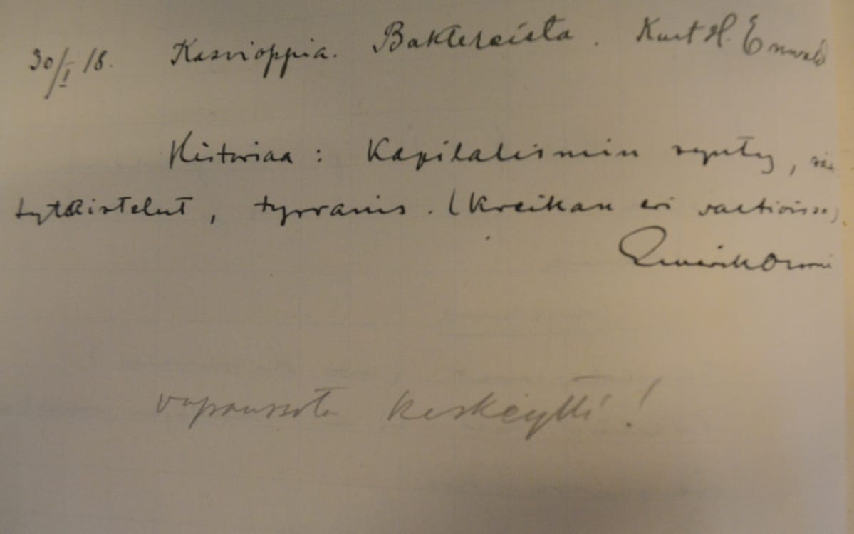 Sivu Kuopion kansalaisopiston luentokirjasta 1920-luvun vaihteesta.