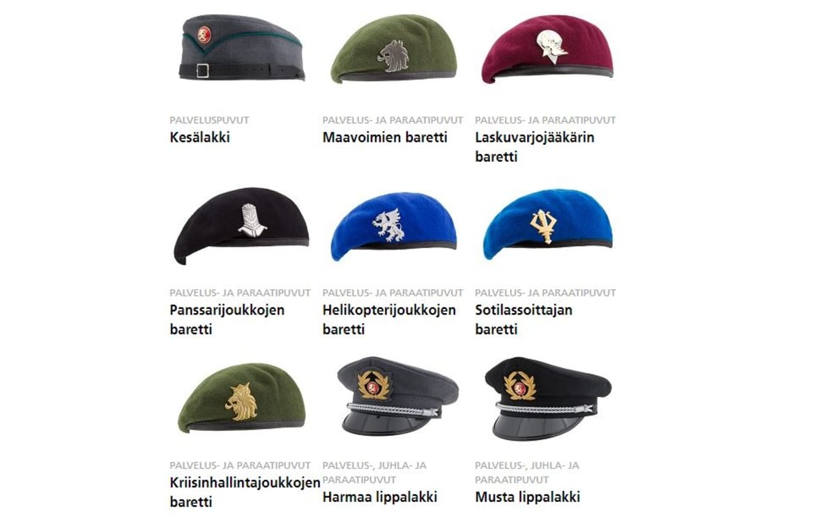 Maavoimien sotilaspukujen asusteita.