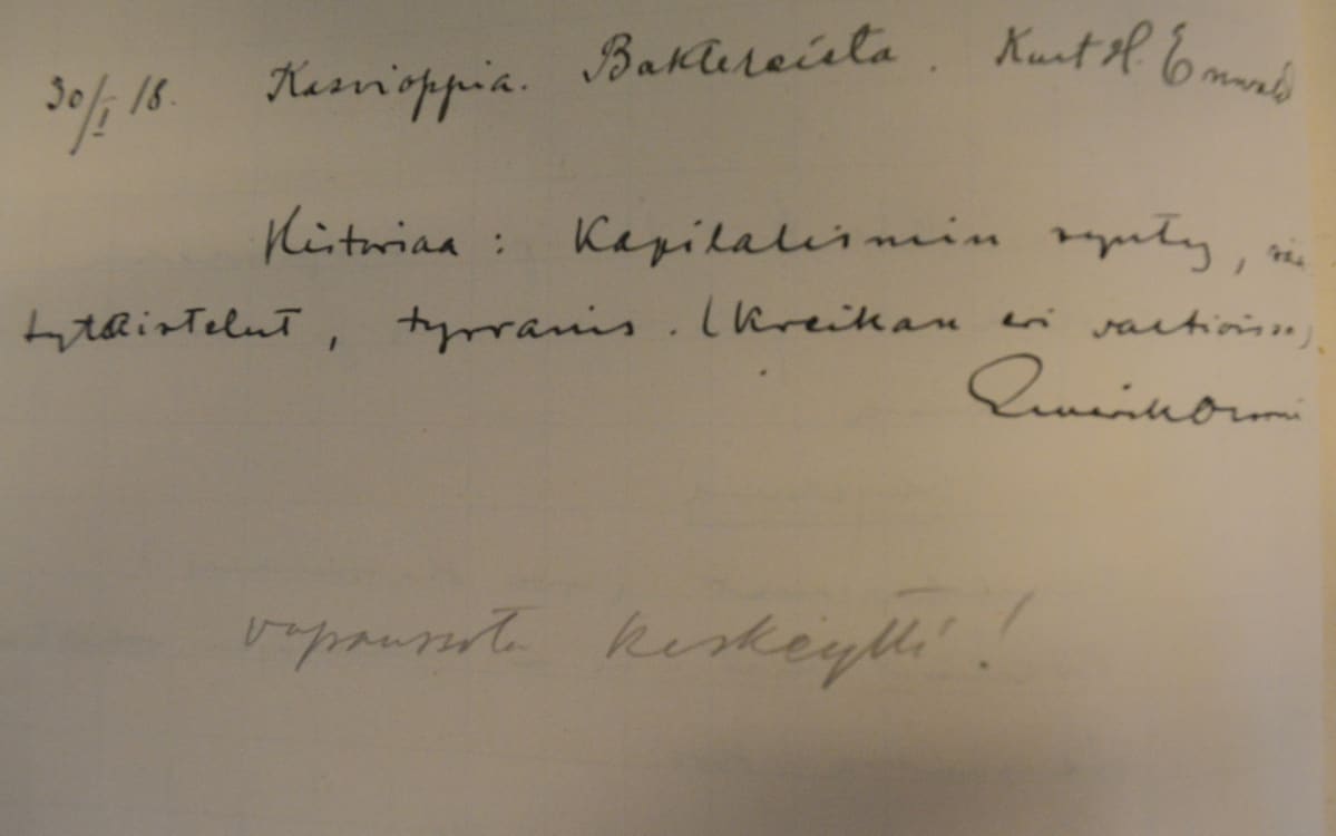 Sivu Kuopion kansalaisopiston luentokirjasta 1920-luvun vaihteesta.