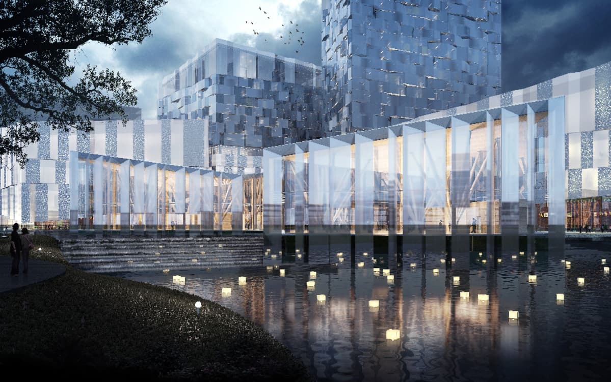 Nanging Sino-Finnish Center Architecture Design Competition -arkkitehtikilpailun ehdotus suomalais-kiinalaiseksi keskukseksi Nangingiin.