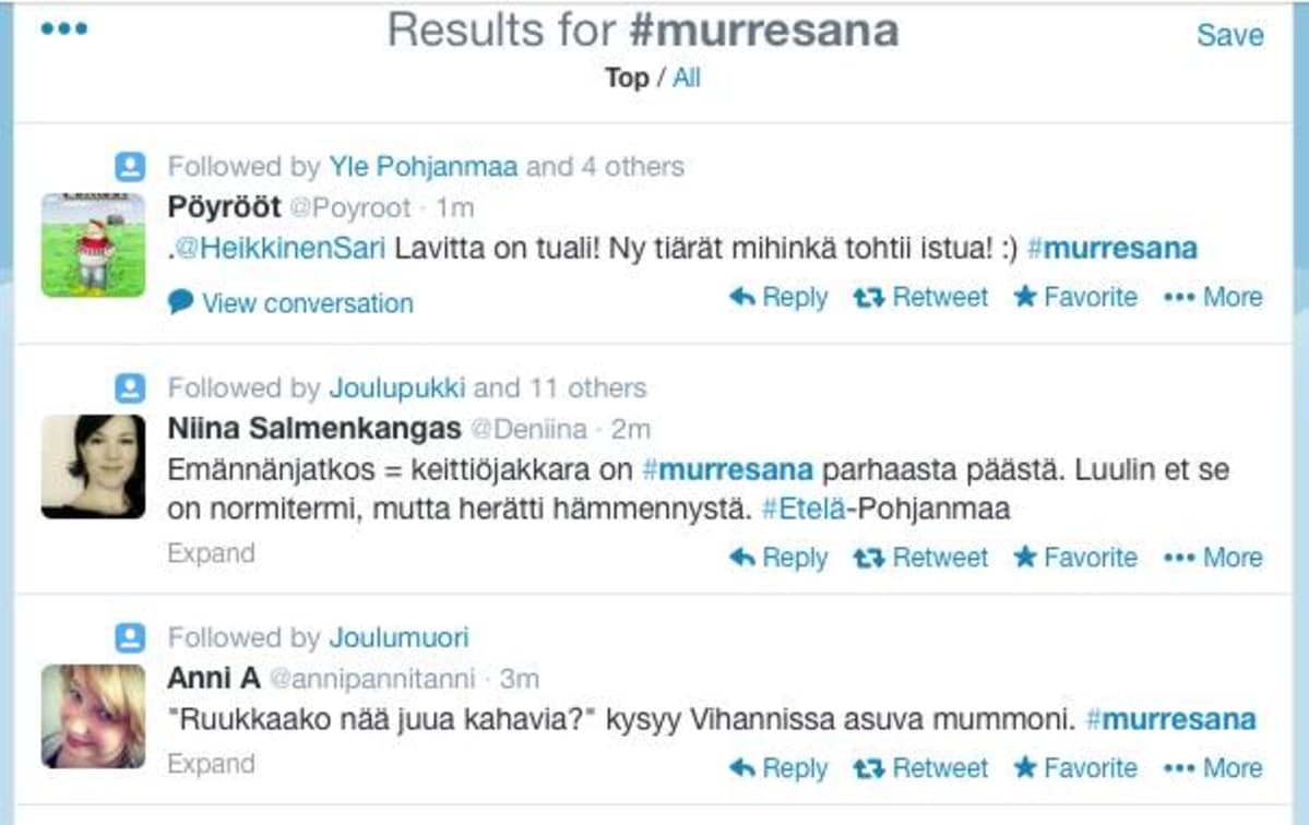 Murresanoista keskusteltiin innokkaasti Twitterissä tunnisteella #murresana.