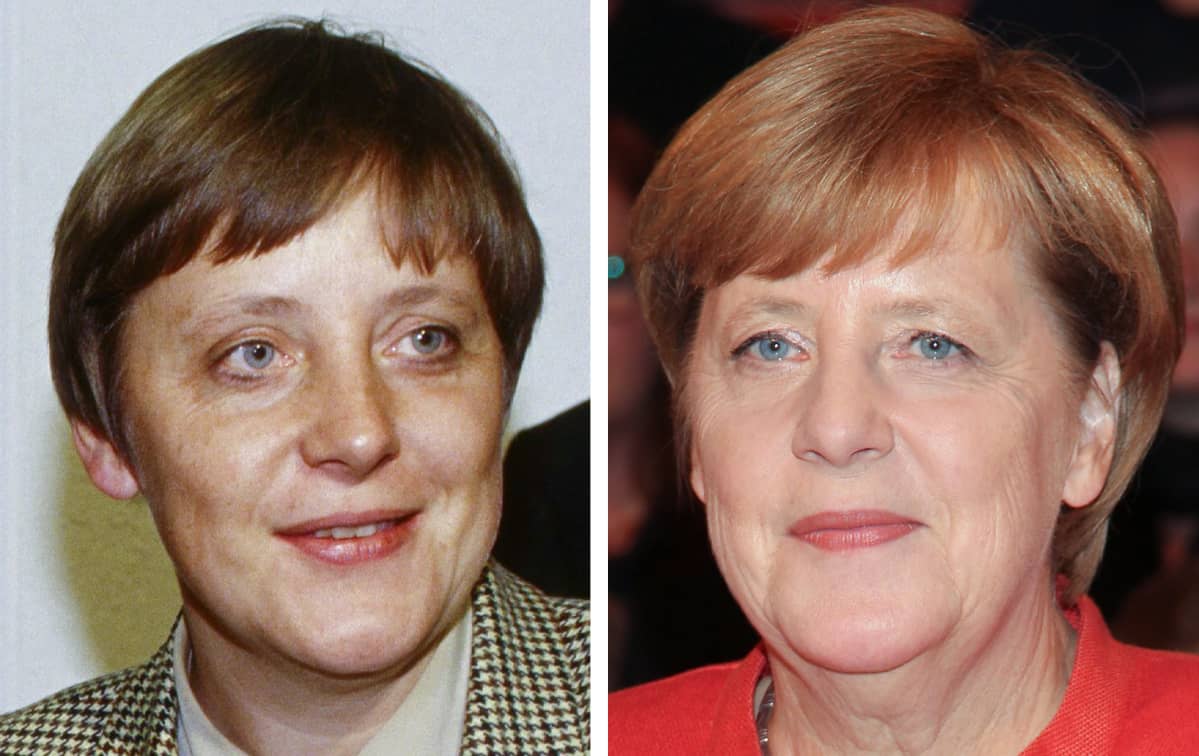 Angela Merkel, vasemmalla vuonna 1995 ja oikealla vuonaa 2017.