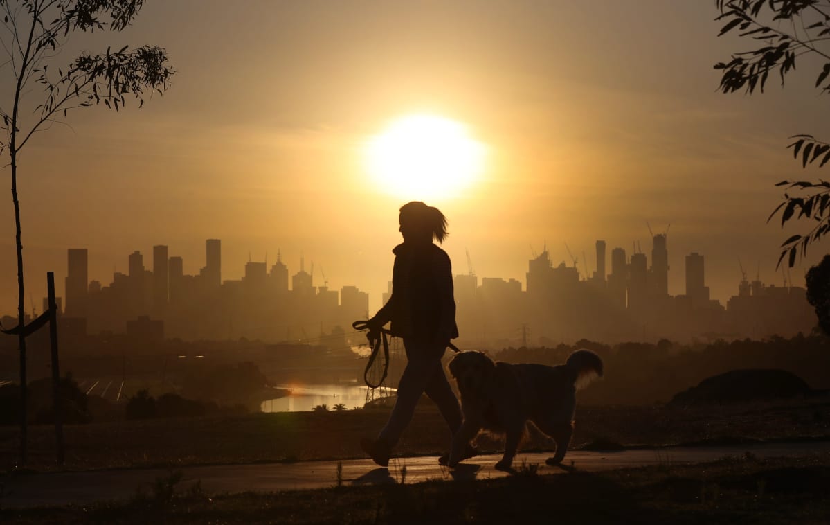 Nainen ulkoiluttaa koiraa Melbournessa.