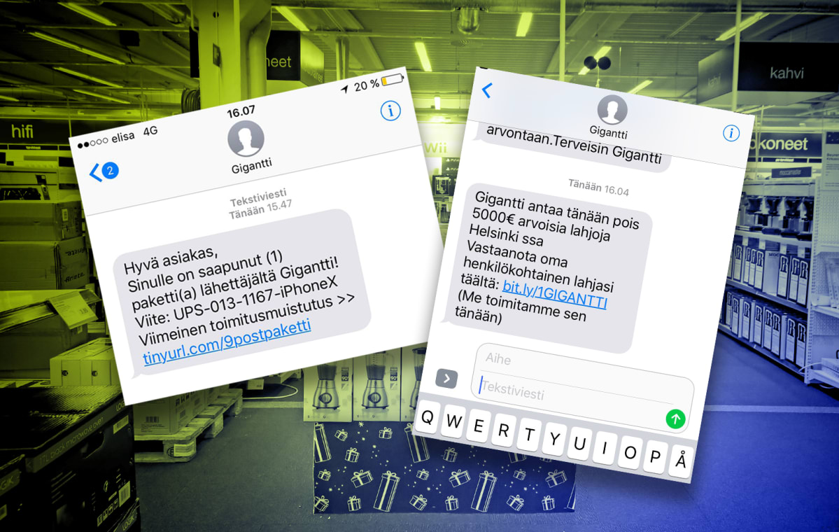 Kuvakaappaus Gigantin nimissä lähetetystä huijausviestistä.