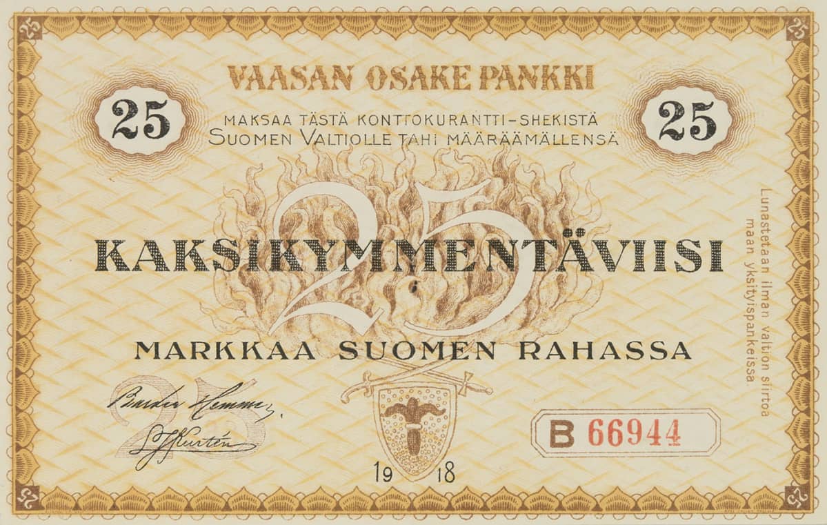 Vaasan Osake Pankki 25 mk etusivu.