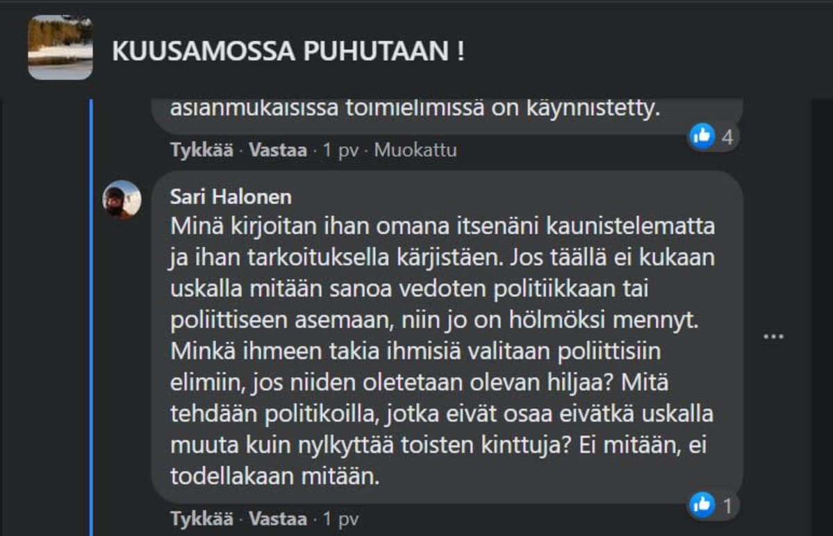 Kuvakaappaus Kuusamossa puhutaan Facebook-ryhmästä.