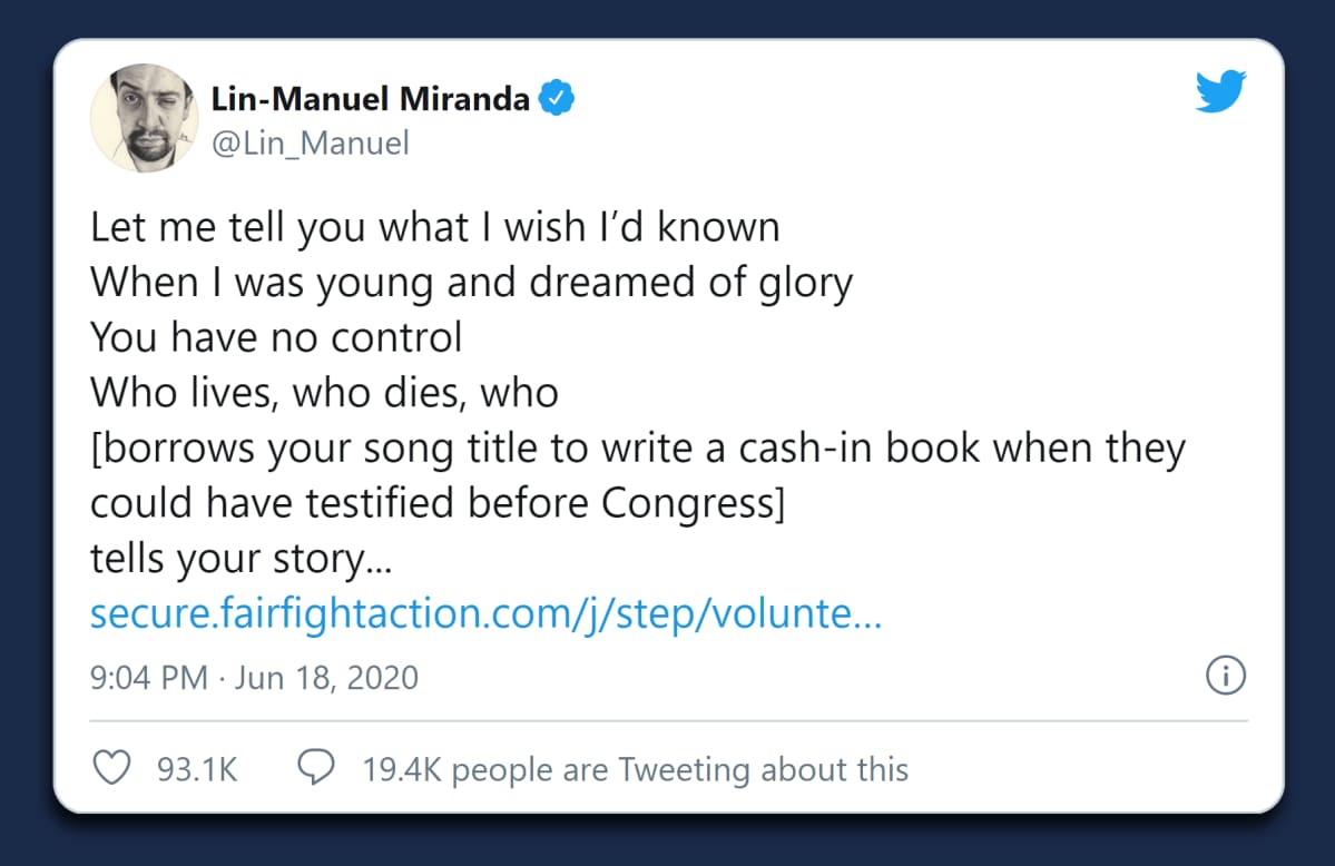 Lin-Manuel Mirandan twiitti, jossa hän kritisoi Boltonia Hamilton-lyriikoiden lainaamisesta sen sijaan että olisi todistanut Trumpia vastaan Yhdysvaltain kongressissa.