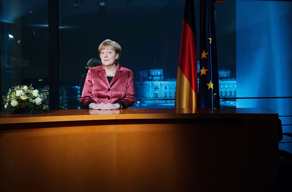 Merkel uudenvuoden puheen nauhoituksissa Berliinissä 30. joulukuuta 2014.