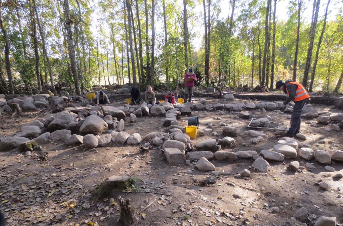 Arkeologeja kaivamassa koivmetsään raivattua aluetta, jossa on suuria kivenmurikoita, muinaisen kirkon kivijalkaa.