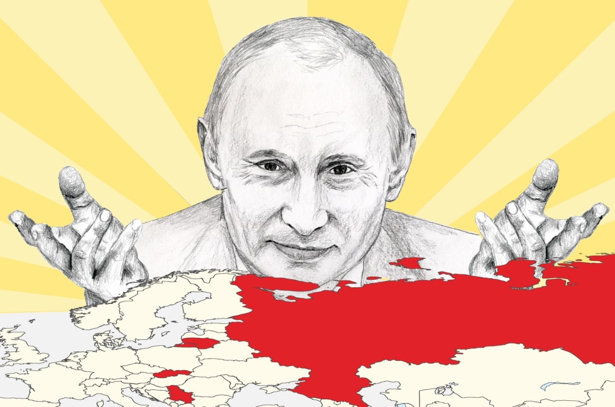 Piirroskuva, jossa Putin katsoo Euroopan ja Venäjän karttaa