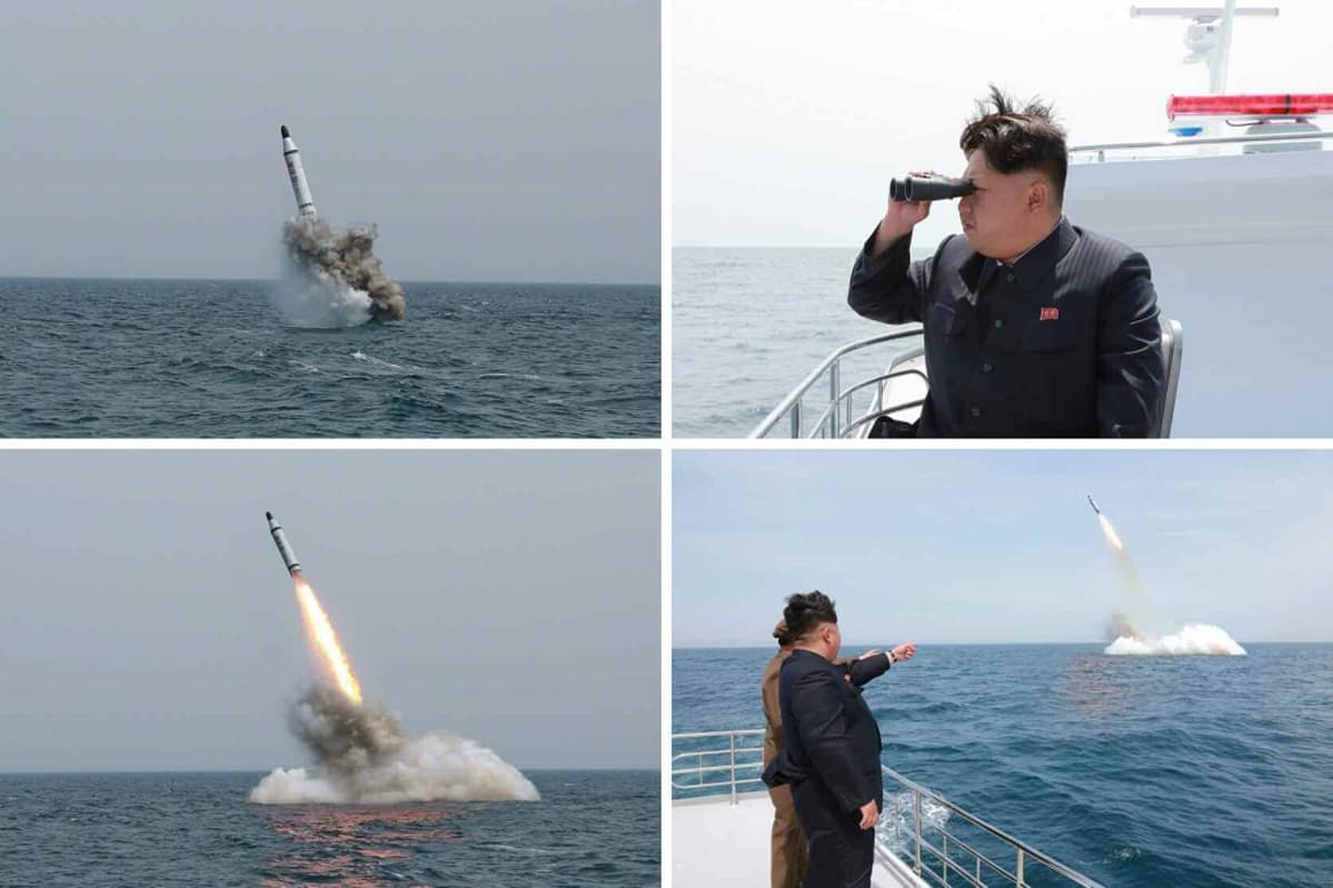 Neljän kuvan yhdistelmä merestä nousevasta ohjuksesta ja sitä laivan kannelta kiikaroivasta Kim Jong-unista.
