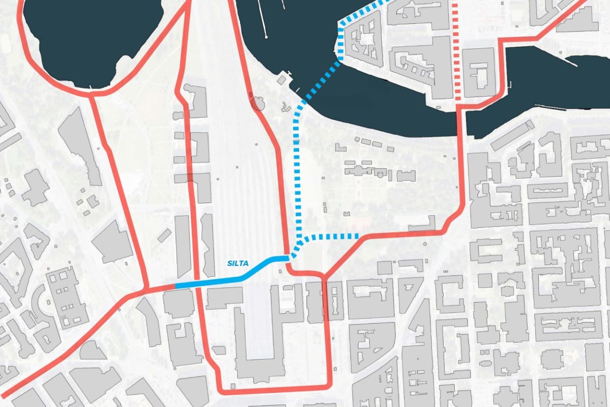 Havainnekuva pyörätiesillasta Kansalaistorilta Kaisaniemeen.