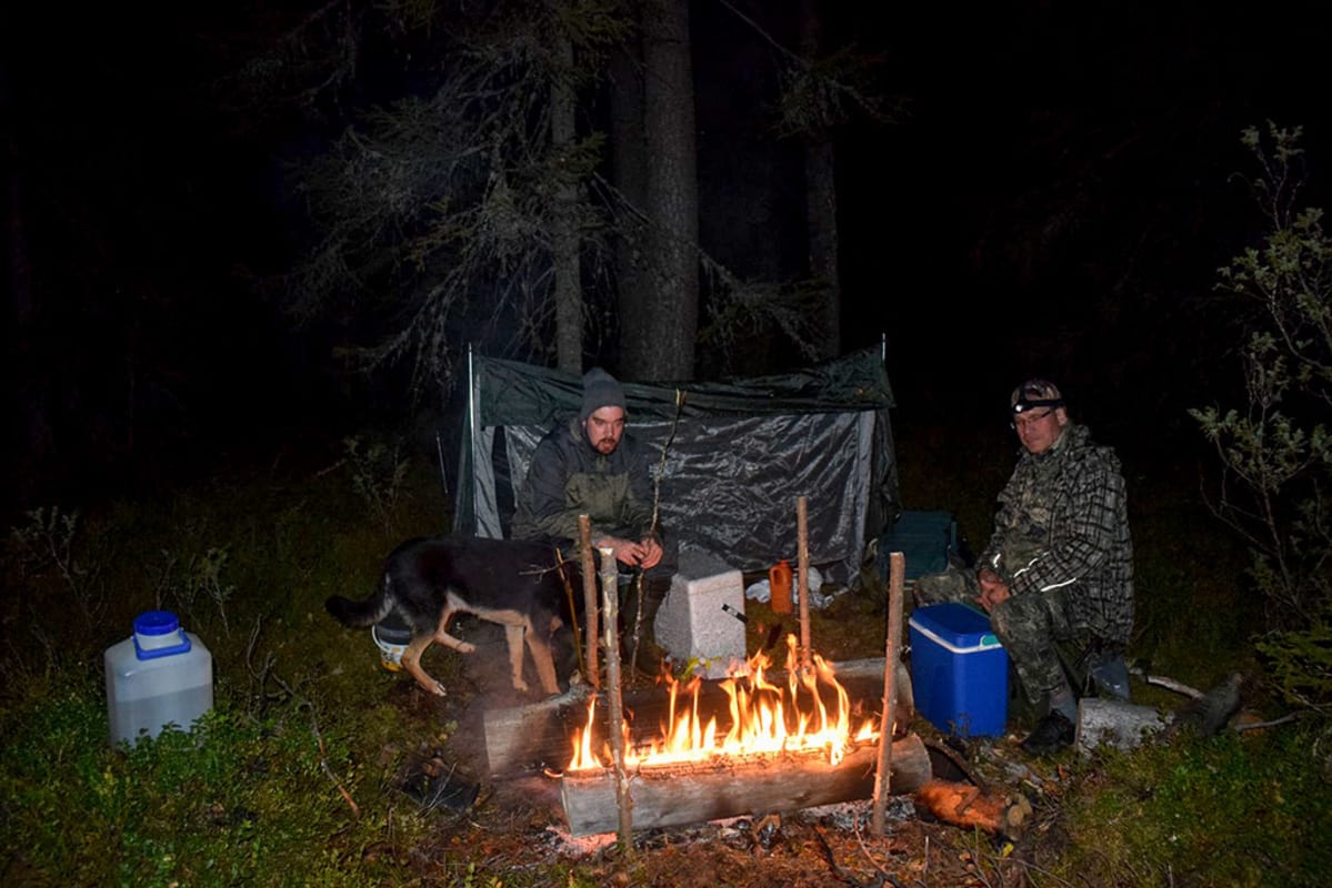 Kaksi miestä ja koira iltanuotiolla
