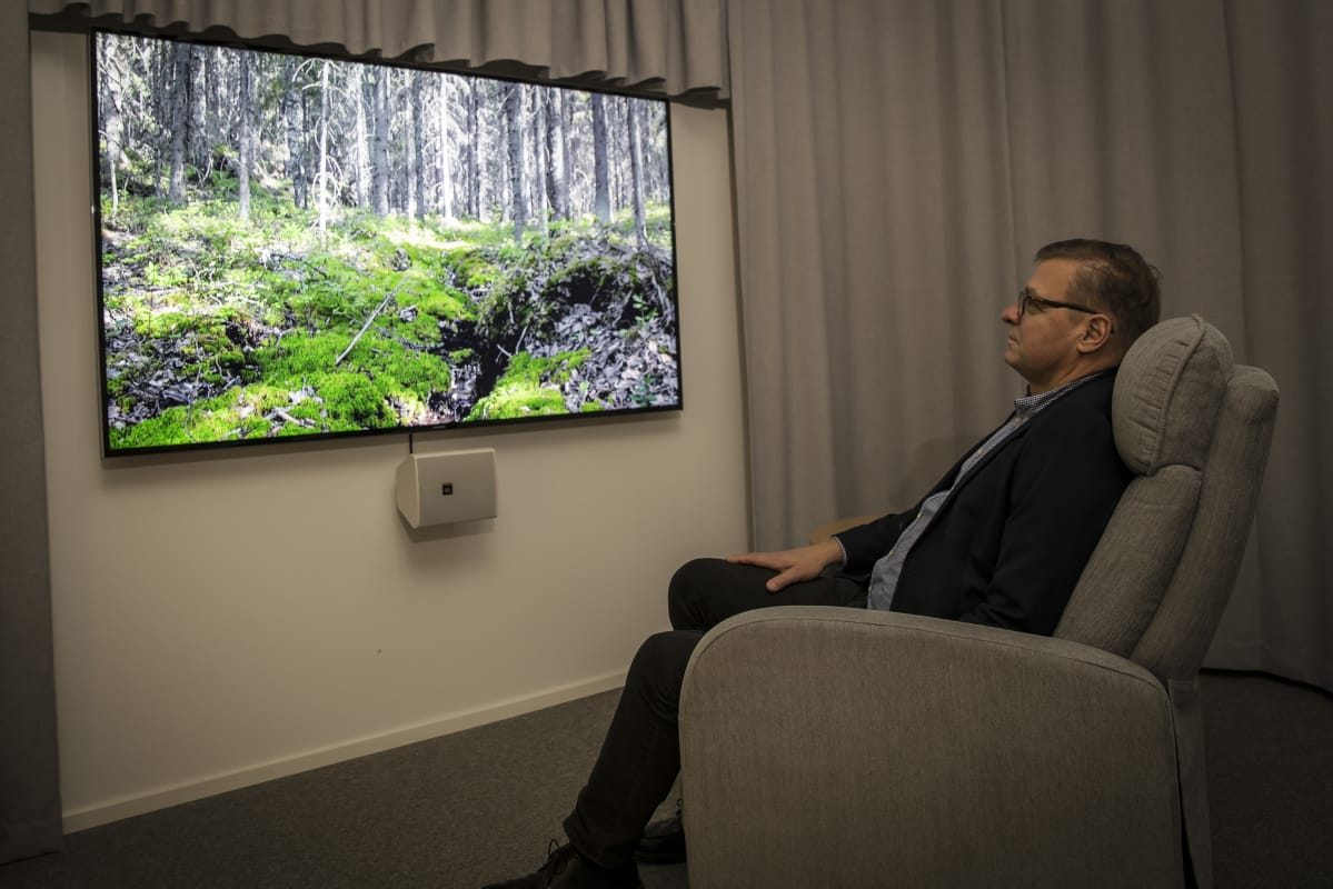 mies katselee metsävideota taukotilassa plk