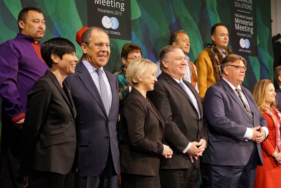 Ministers and representatives at Tuesday's Arctic Council meeting in Rovaniemi, from left: Yury Khatanzeyskiy, Vice President Russian Association of Indigenous Peoples of the North; Ine Marie Eriksen Søreide, Norwegian Foreign Minister; Sergey Lavrov, Russian Foreign Minister; Margot Wallström, Swedish Foreign Minister; Mike Pompeo, US Secretary of State, James Stotts, President, Inuit Circumpolar Council; Timo Soini; Chrystia Freeland, Minister of Foreign Affairs, Canada; Edward Alexander, Gwich'in Council International.