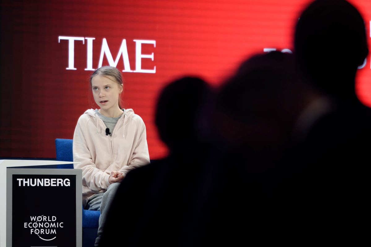 Greta Thunberg puhuu maailman talousfoorumissa Davosissa.