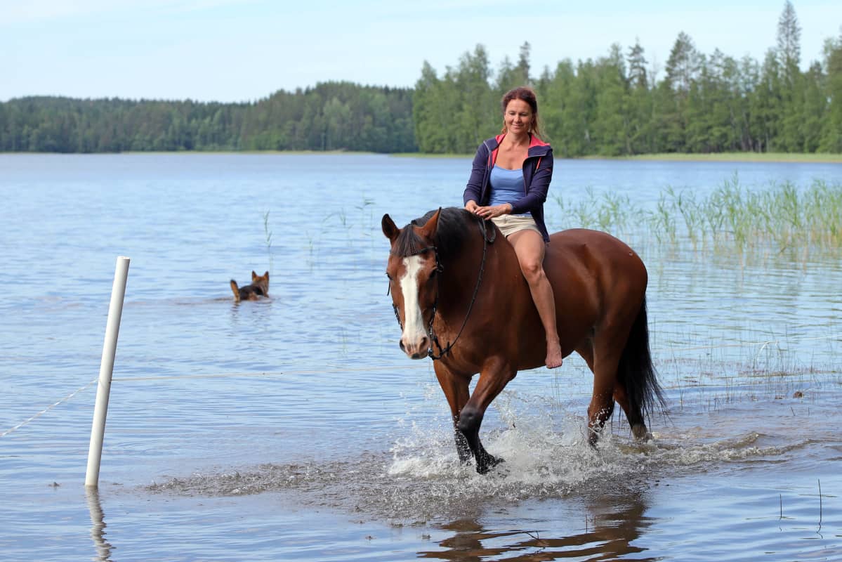 Melina Holmberg ratsastaa hevosella rantavedessä.