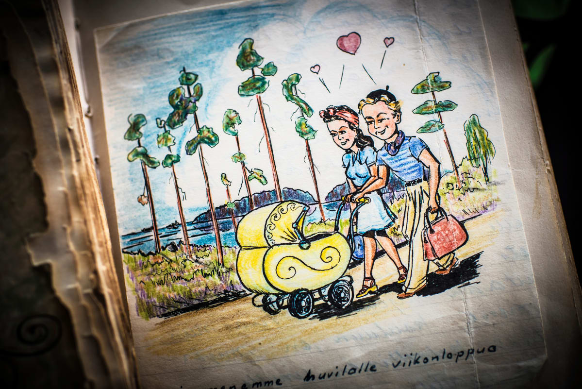 Kuva nuoresta parista (Gunborg Kotkama ja Vesa Lehmus) vieraskirjassa. Vesa Lehmus piirsi kuvapäiväkirjakuvan rintamalla 25.4.1944. Tekstissä lukee “--- ja menemme huvilalle viikonloppua viettämään -”