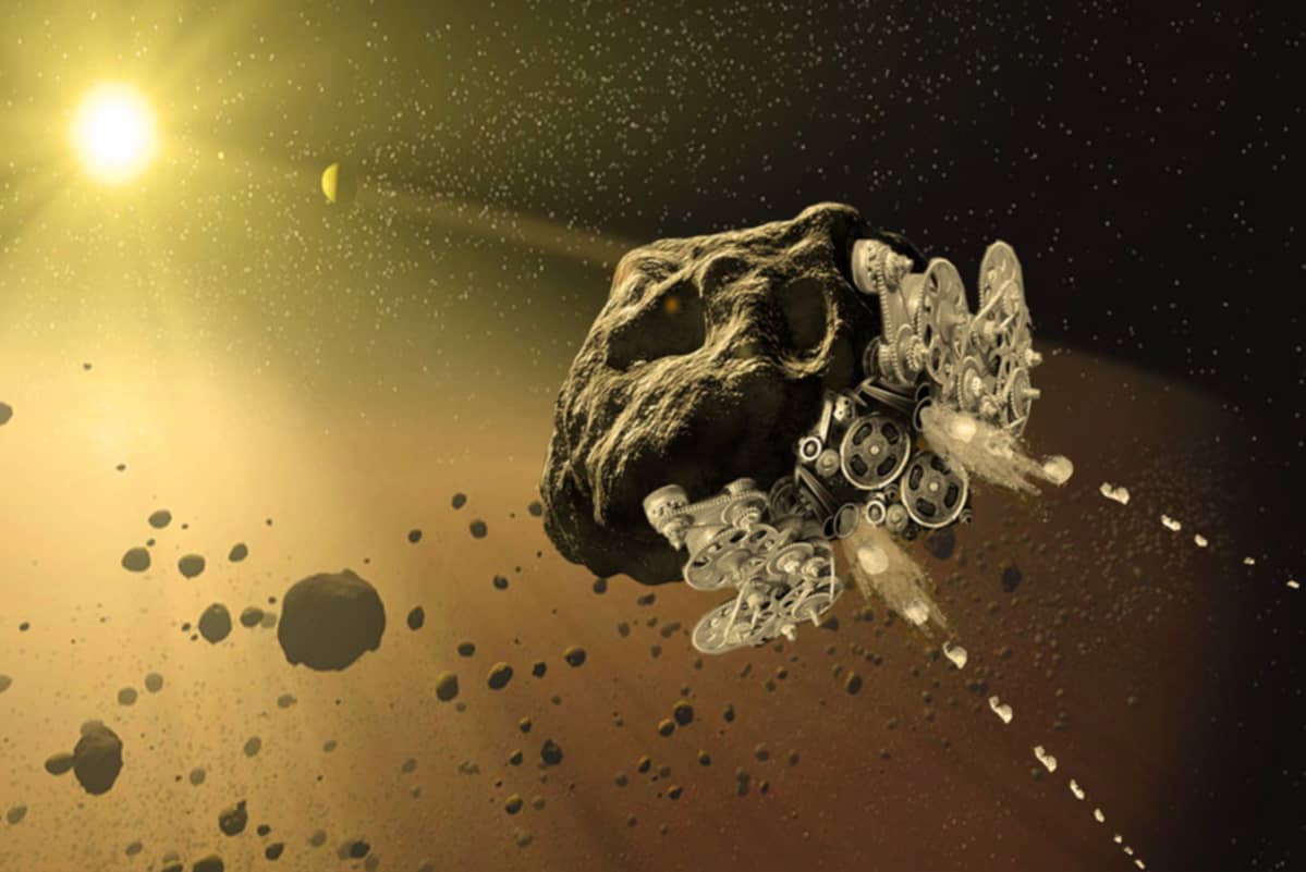 Taiteilijan näkemys asteroidialuksesta.