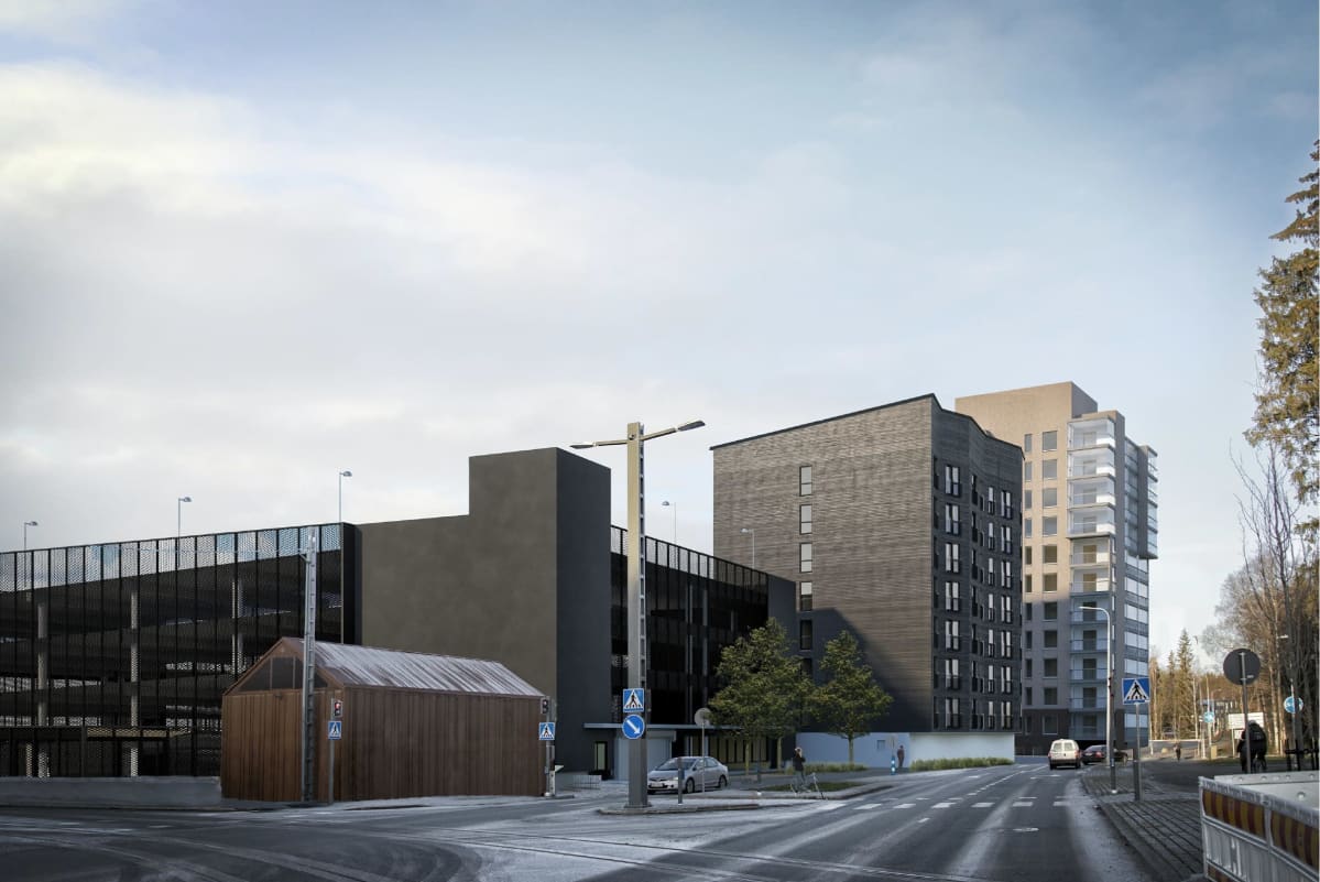 Havainnekuva Tampereen Kauppiin suunnitellusta 8-kerroksisesta opiskelijatalosta, tummasävyinen puukerrostalo.
