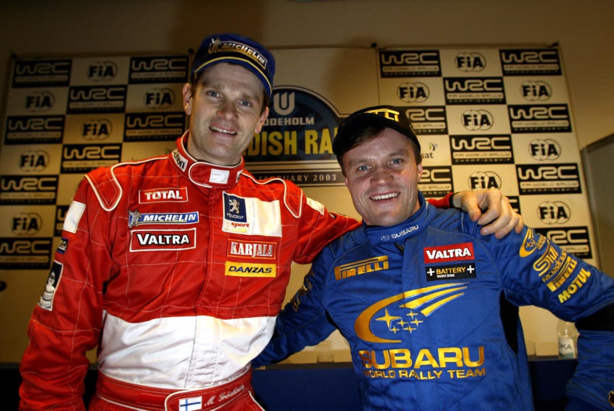 Marcus Grönholm ja Tommi Mäkinen Ruotsin rallissa 2003.