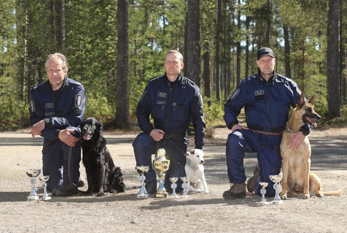Poliisin huumekoirien SM-kisan voittajakolmikko 2016.