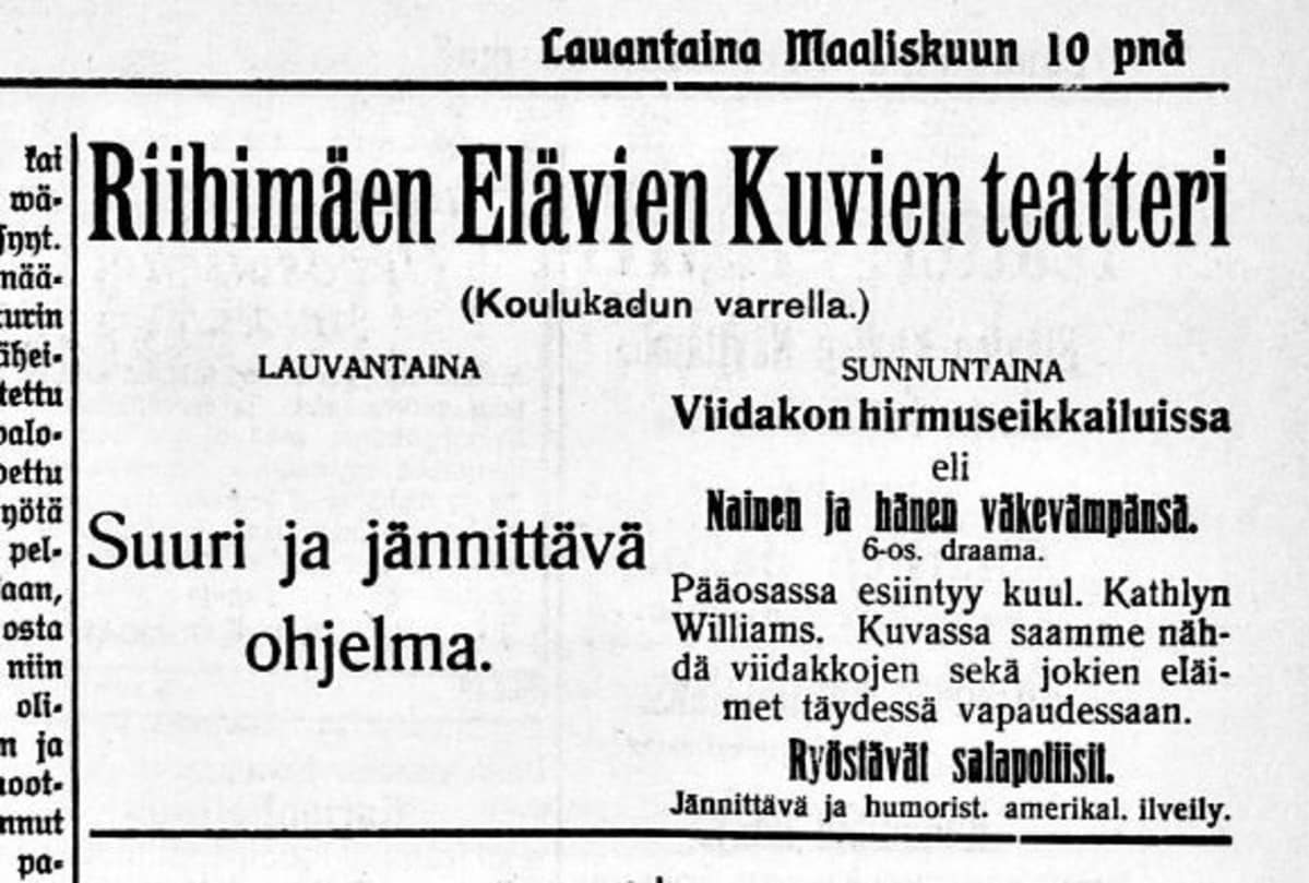Kuvakaappaus Riihimäen Sanomista sadan vuoden takaa