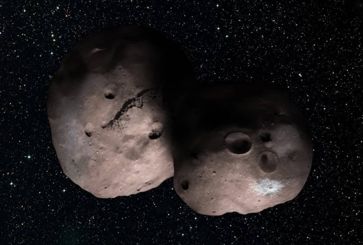 Kahdesta pyöreästä murikasta muodostunut asteroidi tähtien täplittämässä avaruudessa.