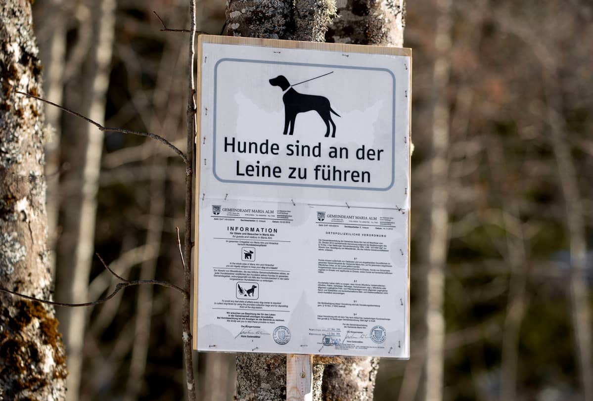 Kehoituskyltti koirien kiinni pitämiseen.