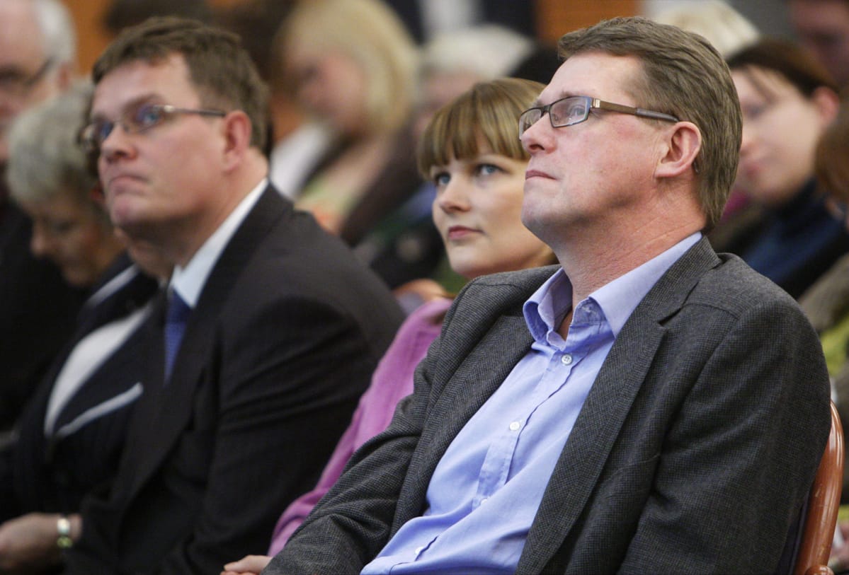 Puoluesihteeri Jarmo Korhonen, Mari Kiviniemi ja Matti Vanhanen Keskustan valtakunnallisena kuntapäivänä