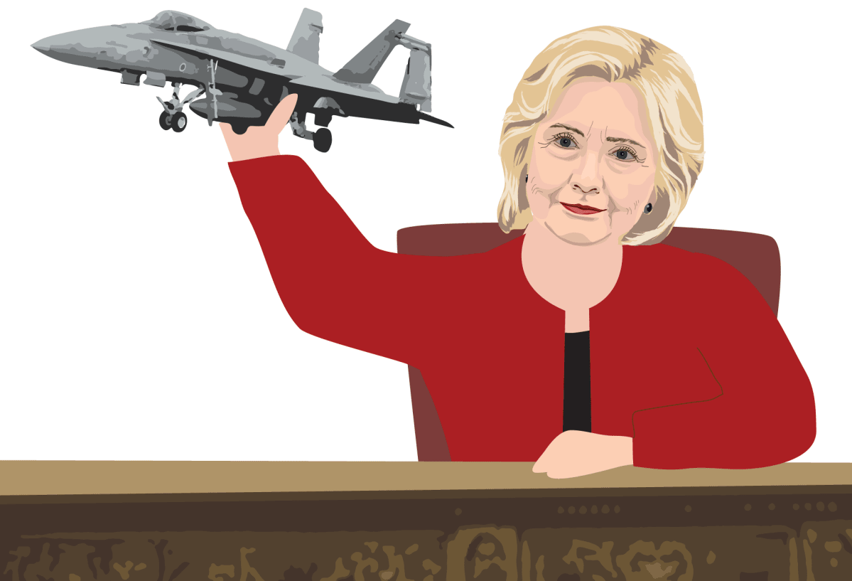 Hillary Clinton lentokone kädessä -piirros
