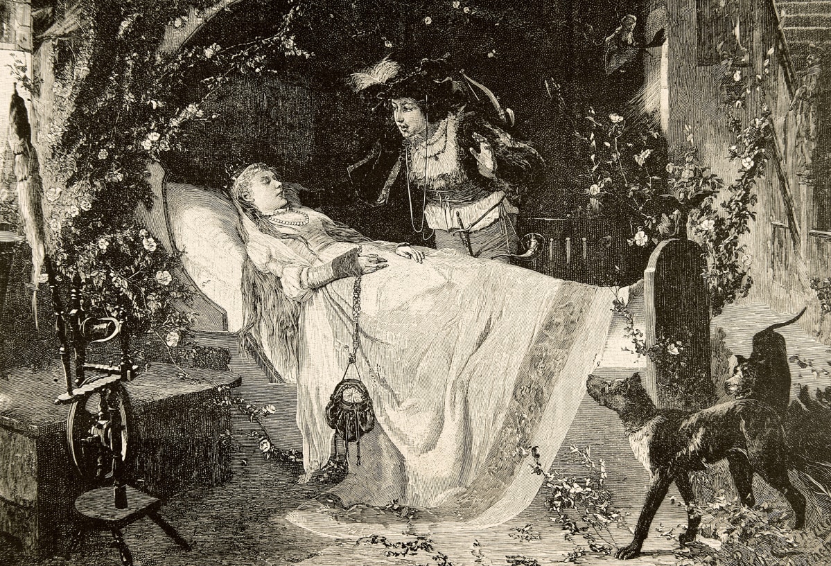 Kuvituskuva vuodelta 1885 Prinsessa Ruususesta.