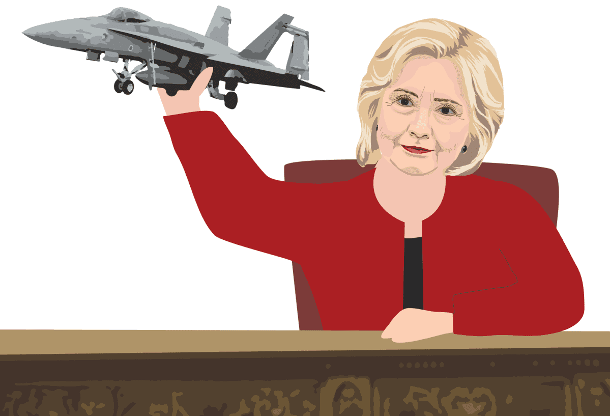 Hillary Clinton lentokone kädessä -piirros
