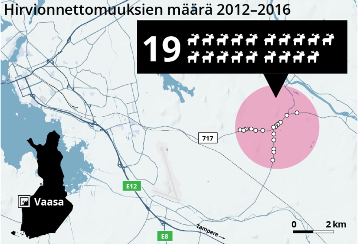 19 hirvionnettomuutta vuosina 2012–2016 Vaasassa. Tietolähde: Liikennevirasto.