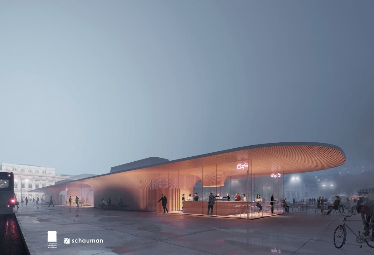 Havainnekuva Turun kauppatorille suunnitelluista paviljongeista.