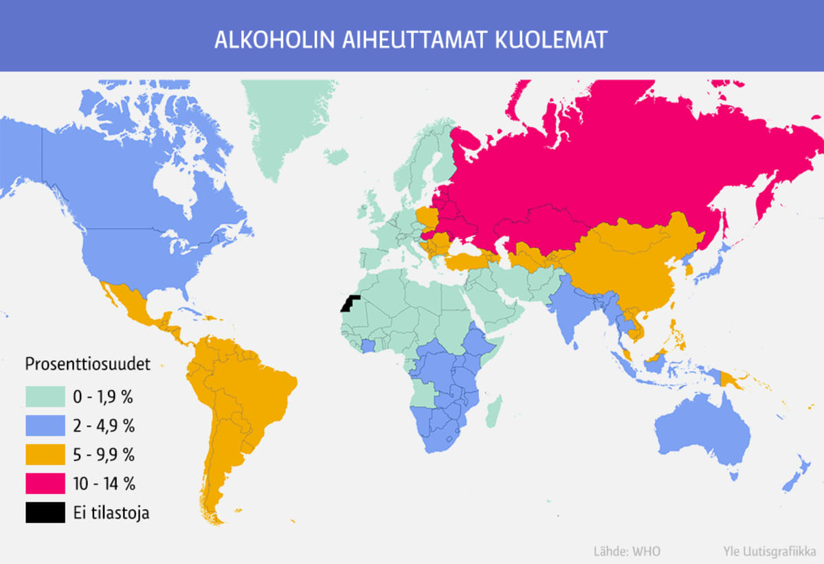 Alkoholin aiheuttamat kuolemat maittain.