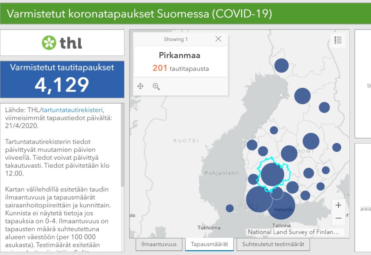 Ruutukaappaus THL:n koronakartasta 22.4.2020.