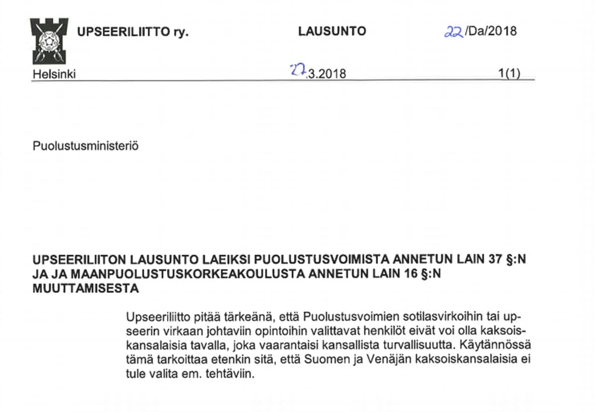 Yksityiskohta upseeriliiton lausunnosta.