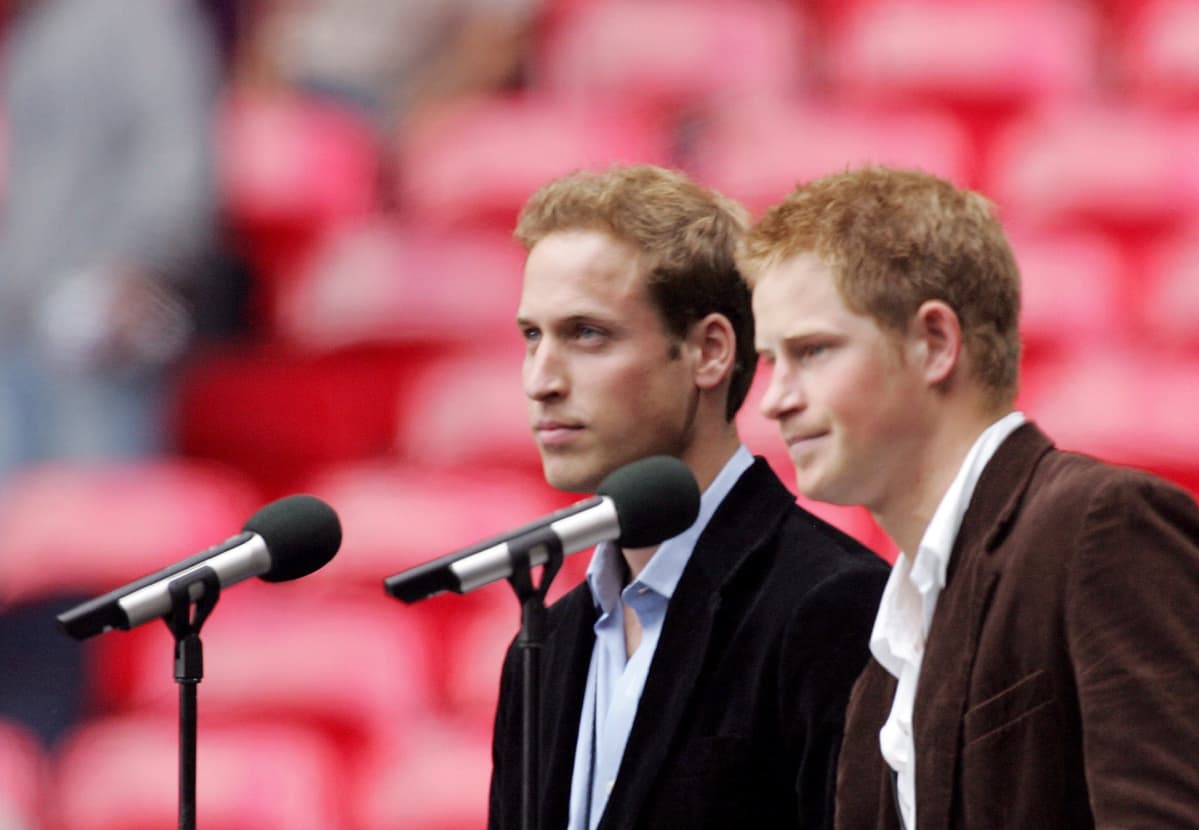William ja Harry mikrofonien edessä, taustalla katsomon punaisia tuoleja.