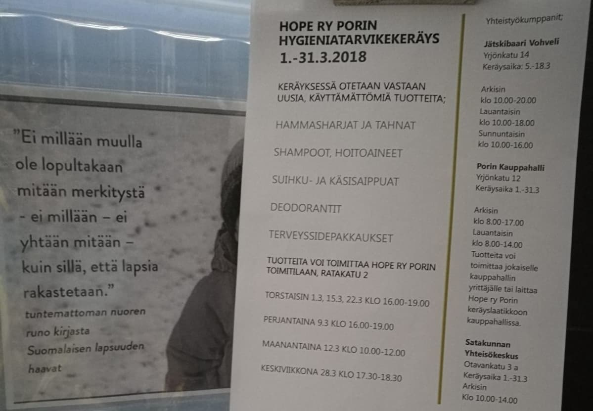 Hope Porin hygieniatarvikekeräyksen kyltti