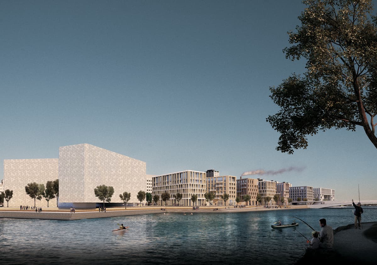 Havainnekuva Hakaniemenrannan ideakilpailun voittaneesta ehdotuksesta Cinque palazzi. Ehdotuksen tekijät ovat Arkkitehtitoimisto Harris-Kjisik Oy ja VSU maisema-arkkitehdit Oy.