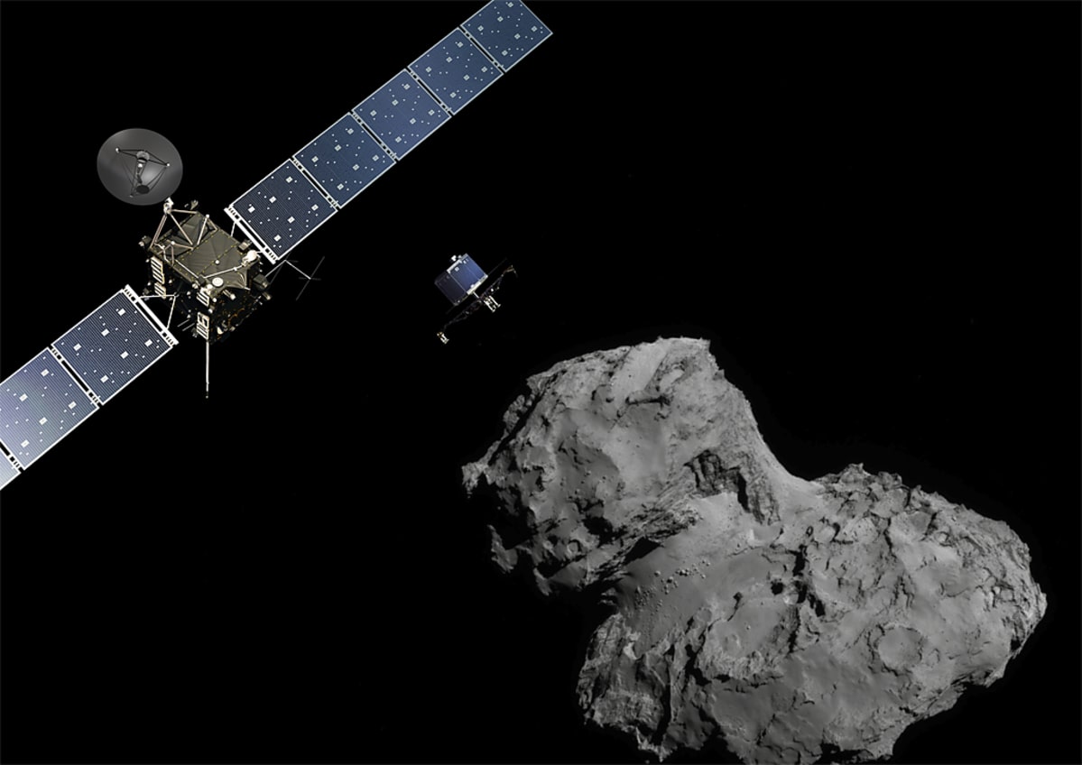 Piirroskuva Rosettasta ja siitä irtautuneesta Philae-laskeutujasta matkalla kohti Tshurjumov-Gerasimenko-komeettaa.