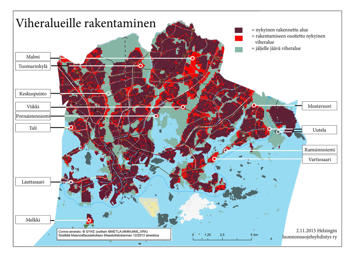 Helsingin luonnonsuojeluyhdistyksen kartta viheralueille ulottuvista suunnitelmista.