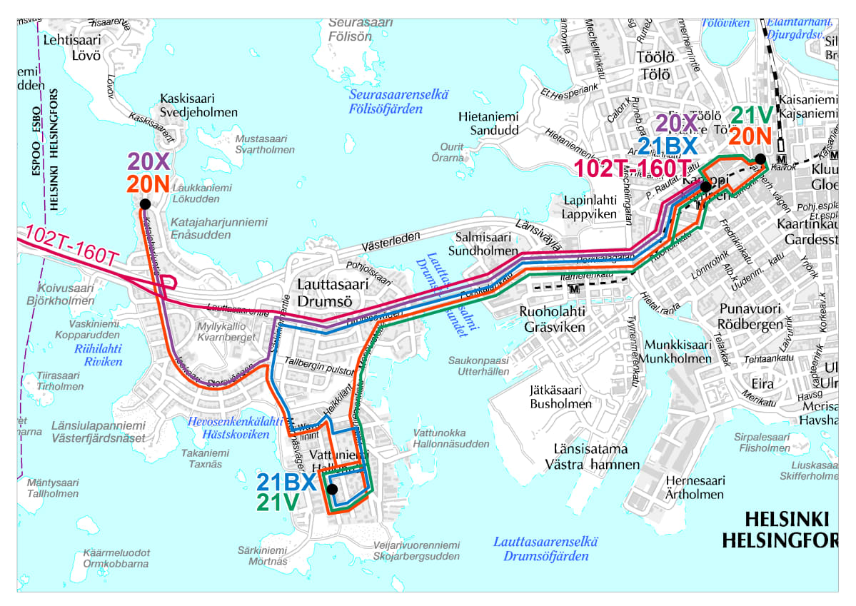 Lauttasaaren bussilinjasto 15.8 alkaen.