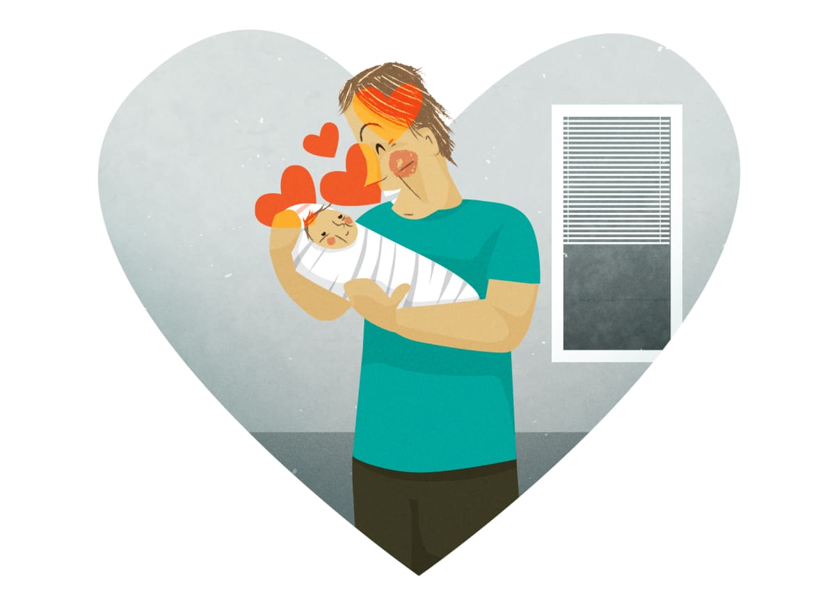 Grafiikka rakastavasta isästä vauva sylissään.