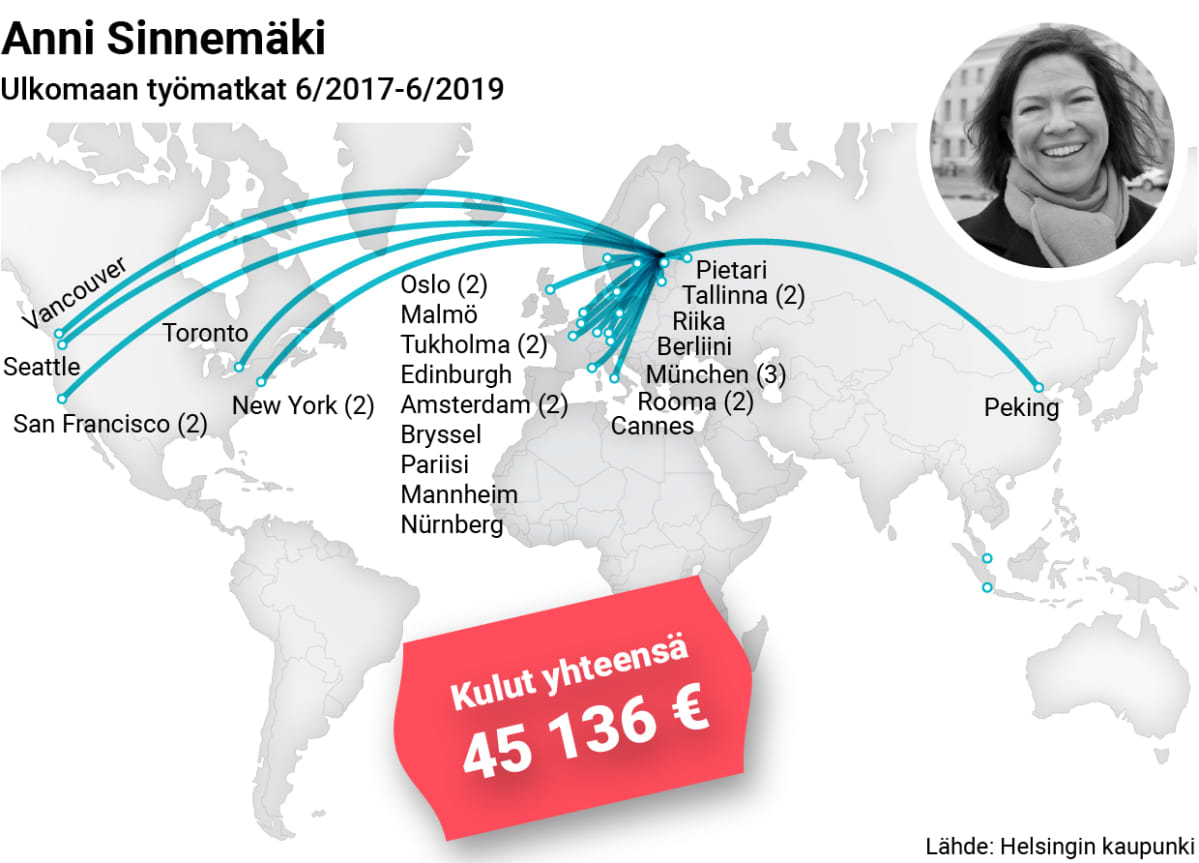 Apulaispormestari Anni Sinnemäen (vihr.) työmatkat kahden vuoden ajalta.